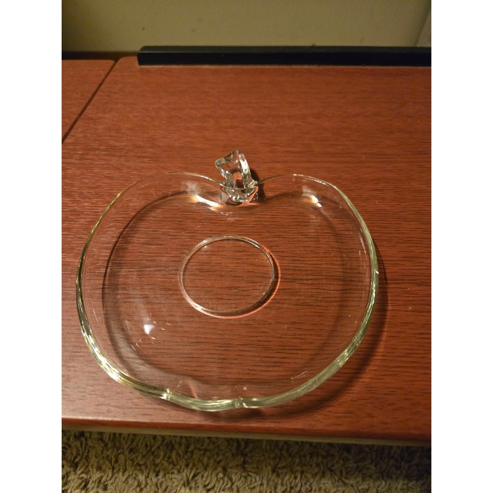 Vintage Clear Glass Apple‎ Shaped Snack Plate Trinket Dish with Stem Handle